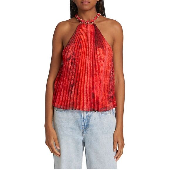 Alice + Olivia Tops - Alice + Olivia Red Alycia Pleated Halterneck Top NWT Size XS